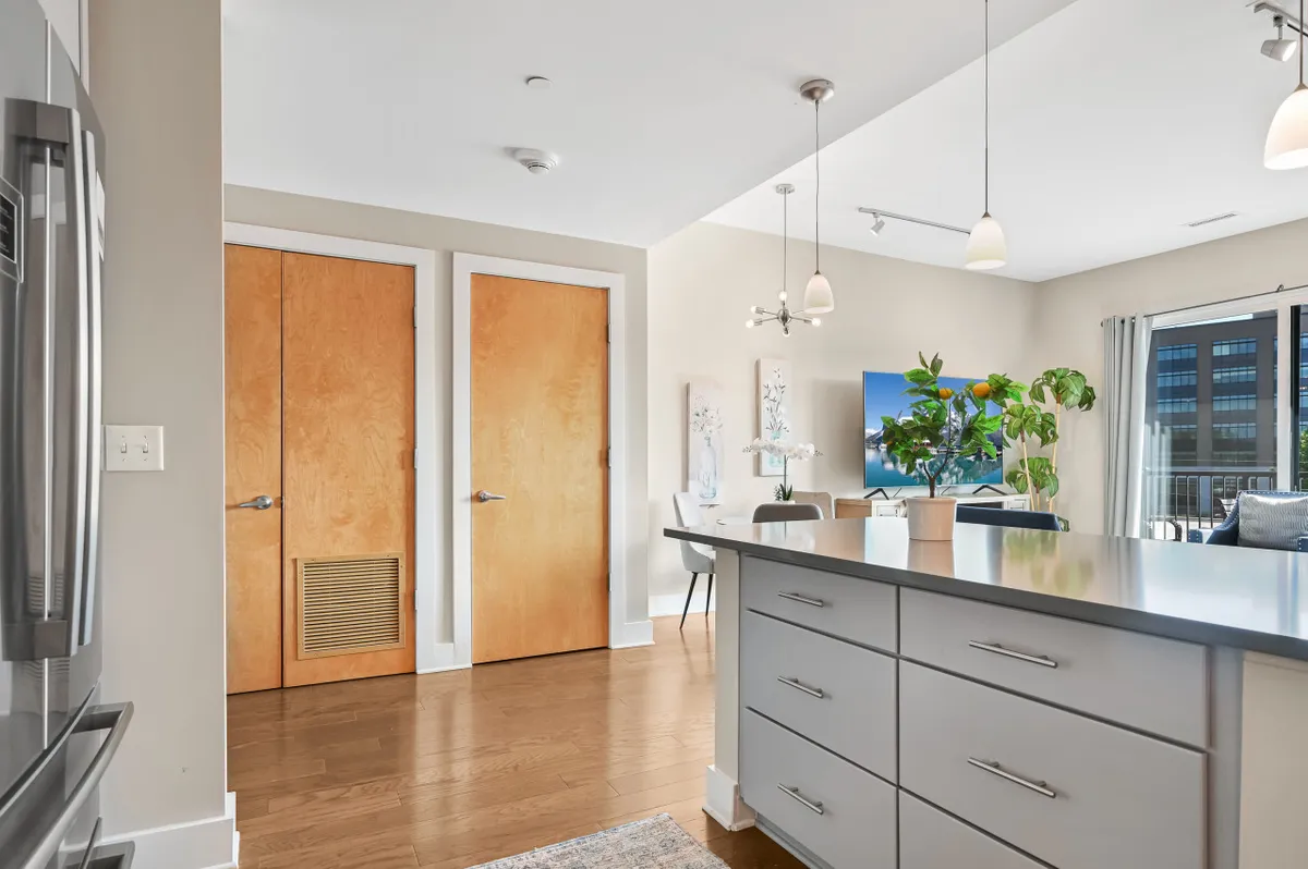 This image showcases a stylish, modern interior featuring a kitchen island, wooden doors, lush indoor plants, and well-placed artwork. The scene is set for activities like cooking, entertaining guests, and relaxing with a drink, all centered around a spacious, inviting common area.
